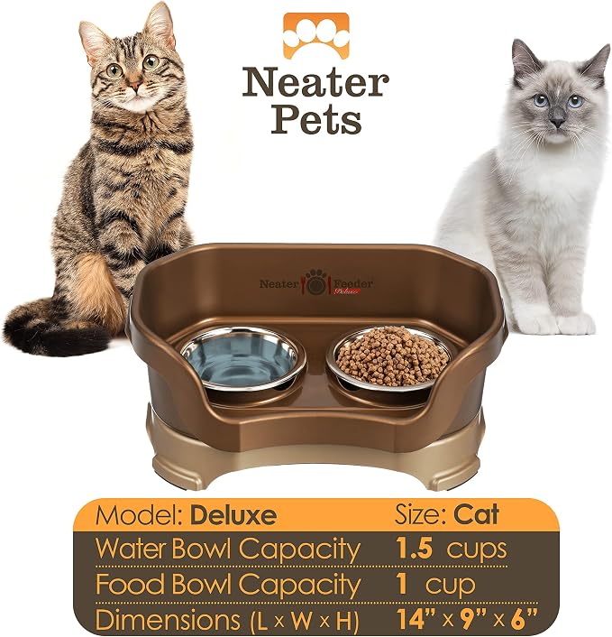 Neater Pet Brands Neater Feeder Deluxe Mess Proof Cat Bowls Elevated, Made in USA, No Spill Raised Bowls for Indoor Cats, Stainless Steel Food and Water Bowl Set, Pet Dish Feeding Station, Bronze - Image 5