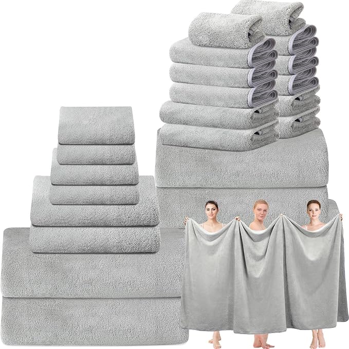 Mixweer 24 Piece Light Grey Microfiber Absorbent Towel Set: 2 Oversized Bath Sheets, 4 Bath Towels, 6 Hand, 8 Washcloths, 4 Fingertip for Bathroom Spa Gym Camping Beach by Mixweer