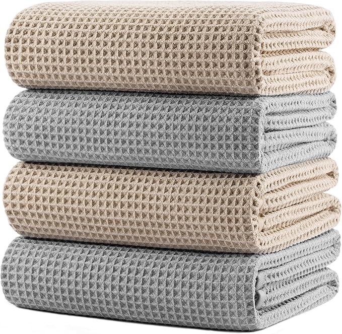 POLYTE 430 GSM Microfiber Oversize Quick Dry Lint Free Bath Towel, 60 x 30 in, 4 Pack (Waffle Weave) by Polyte