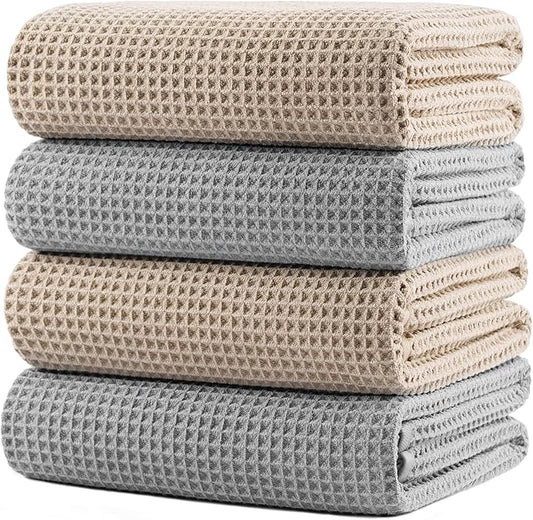POLYTE 430 GSM Microfiber Oversize Quick Dry Lint Free Bath Towel, 60 x 30 in, 4 Pack (Waffle Weave) by Polyte