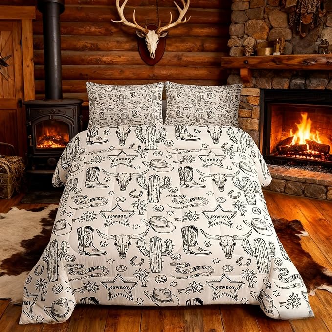 Homewish Western Cowboy Kids Comforter Set Twin Size,Cow Skull Horseshoe Cactus Rustic Bedding Set,Adults Bedroom Decor,Cowboy Boot Hat Farmhouse Down Comforter,Retro Duvet Insert,1 Pillowcase by Homewish