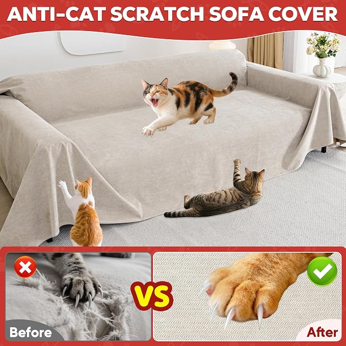 Loiion Cat Scratch Proof Furniture Protector Waterproof Sofa Cover 118"x71" | Pet-Friendly Couch Protector, Anti-Scratch & Anti-Slip Sofa Cover For Cats Dogs Kids, Machine Washable - Image 5