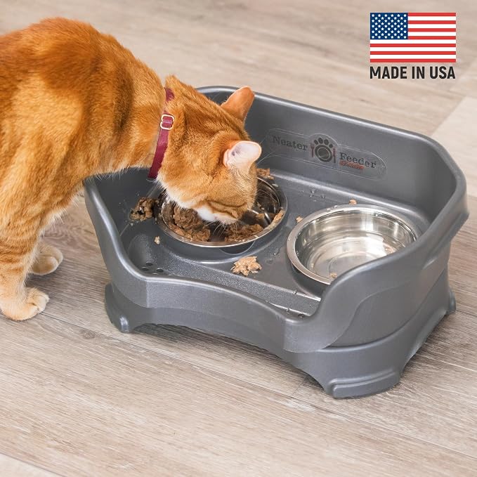 Neater Pet Brands Neater Feeder Deluxe Mess Proof Cat Bowls Elevated, Made in USA, No Spill Raised Bowls for Indoor Cats, Stainless Steel Food and Water Bowl Set, Pet Dish Feeding Station, Gunmetal - Image 2