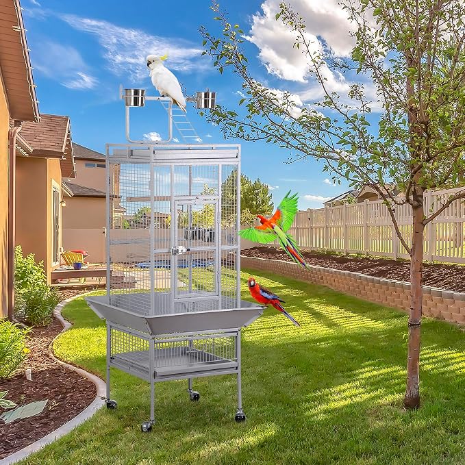 ZENY 61-inch Large Parrot Cockatiel Bird Cages with Wrought Iron Play Top, Aviary with Rolling Stand for Sun Parakeet Quaker Conure Lovebird Budgie Finch African Grey White Birdcage (White) - Image 8