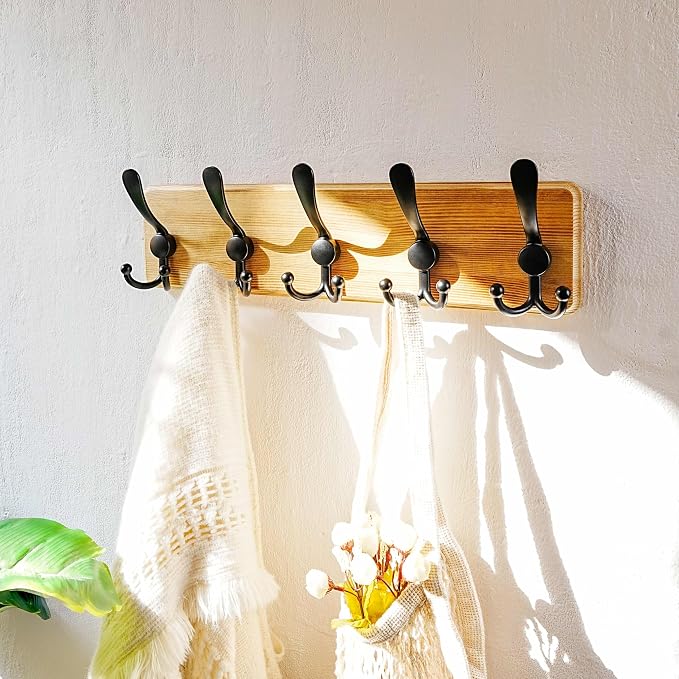 Dseap Coat Rack Wall Mount - Heavy-Duty Robust Rustic Wooden Wall Coat Hanger Hook Rail with 5 Triple Hooks for Winter Jacket & Hat Clothing, Light Brown & Black - Image 7