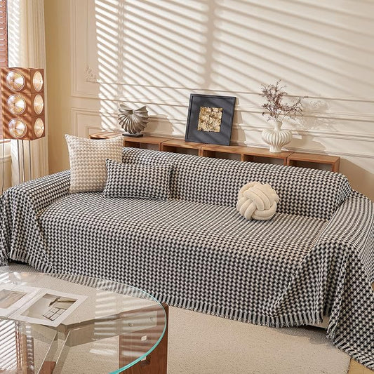 ROOMLIFE Thicked Checkered Boho Black Couch Cover for 2-3 Cushion Sofa, Chenille Sofa Slipcovers Sectional Sofas Covers for Dog, Non Slip Washable Furniture Protector Soft with Tassel 71''X118'' by ROOMLIFE