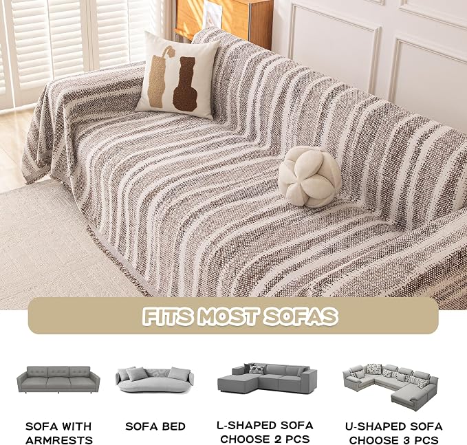 MEETSKY Boho Couch Cover Sofa Covers, Chenille Geometric Couch Covers for 2 Cushion Couch Sofa for Dogs, Washable Sofa Slipcover for Cat Couch Protector with Tassels,71" x 118", Coffee - Image 5