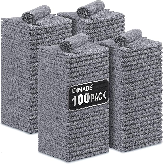 UNIMADE Microfiber Cleaning Cloth, 100 Pack Microfiber Towels for Cars | Commercial Grade Work Rags Bulk Detailing Cloth for Automotive Bar Mechanic Garage Housekeeping, 11.5"x 11.5", Grey by Unimade