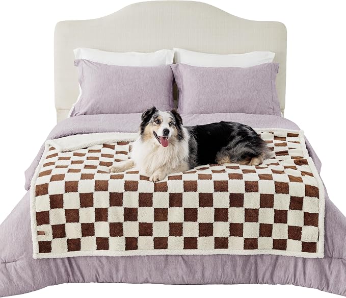 LE SURE Waterproof Dog Blankets for Large Dogs Cute Cozy 3D Jacquard,50x60 | Warm Soft Pet Blanket for Senior Dogs Aesthetic Gift, Washable Sherpa Throw, Reversible Couch Protector, Brown Checks - Image 6