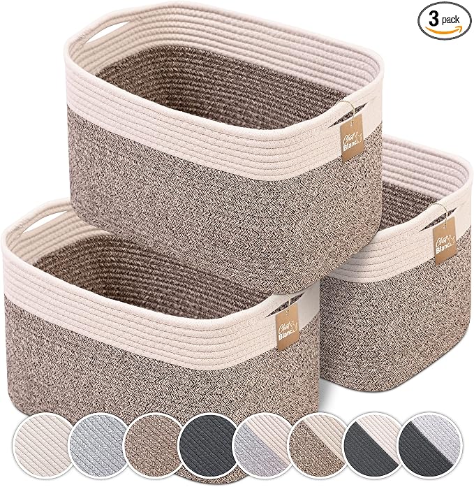 CHAT BLANC Cotton Rope Baskets for Organizing | Storage Baskets for Shelves | Rope Basket for Storage, Small Laundry Baskets, Woven Baskets for Storage, Dog Toy Bin, Baby Basket,Off White&Brown 3 Pack by CHATBLANC