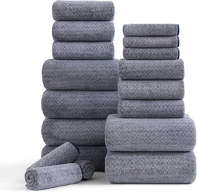 Ycosy 18 Piece Bath Towels Set,100% Microfiber Family Bathroom Towel with Hanging Loops-6 Bath Towels,6 Hand Towels,6 Washcloths,Quick Dry Highly Absorbent Shower Towel for Bathroom,Hotel,Spa-Navy by Ycosy