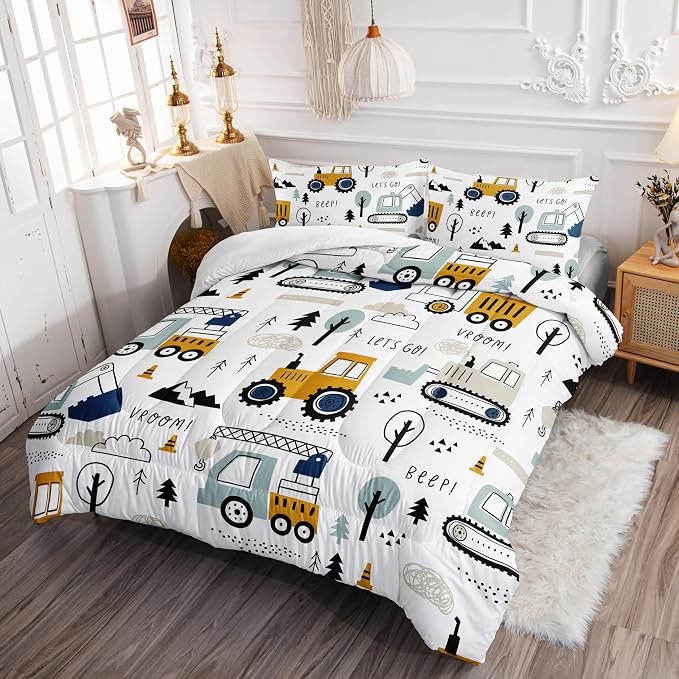 Cartoon Car Comforter Set Kids Construction Printed Bedding Set with 1 Comforter and 2 Pillowcases for Boys and Girls Bedroom All Season(Car Full) - Image 3
