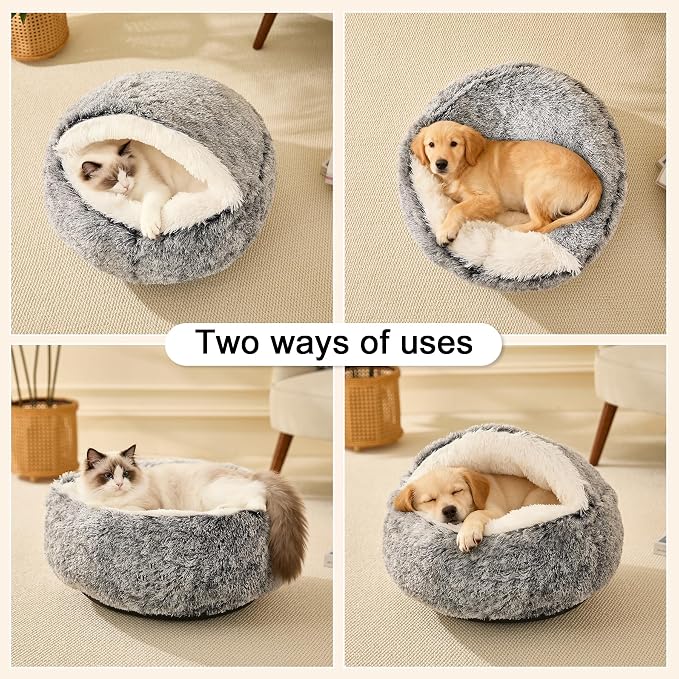 MADDEMCUTE Calming Dog & Cat Cave Bed With Hooded Cover, Removable Washable Round for Small Medium Pets, Anti-Slip Faux Fur Fluffy Coved for Improved Sleep, Fits up to 15/25 lbs (Grey, S) - Image 4