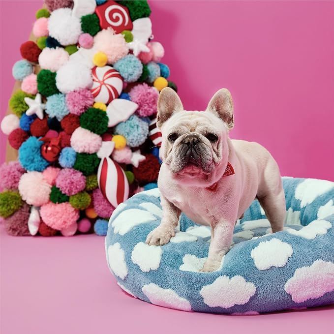 LE SURE Shown on TV Donut Dog Bed Medium Size Dog - Round Cat Beds Indoor as Bed Gift for Calming with Washable Cover, Cute Home Decor Bed with Jacquard Shaggy Plush & Anti Slip Bottom, 30 Inch, Blue - Image 2