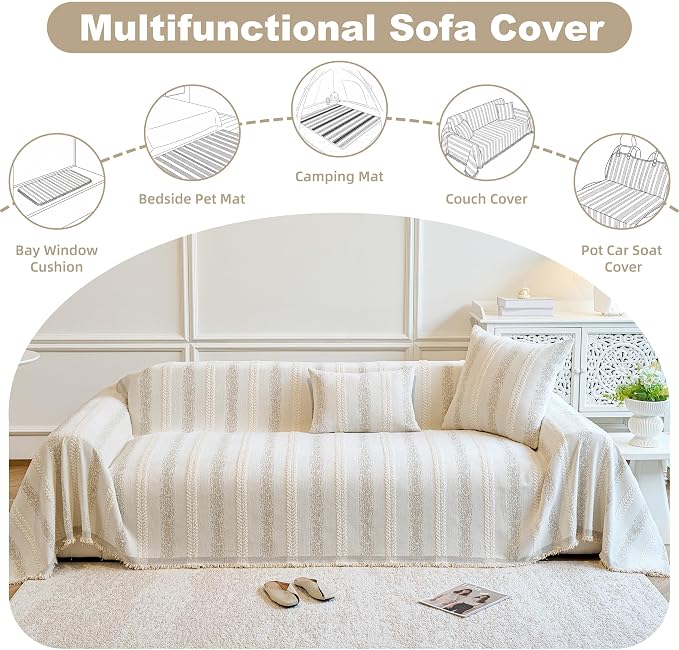 Couch Cover for Dogs Washable Sofa Cover, Sectional Couch Covers, Sofa Covers for 2 Cushion Couch, Non Slip Stripe Sofa Slipcovers Furniture Protector (Beige, 91 * 134) - Image 5