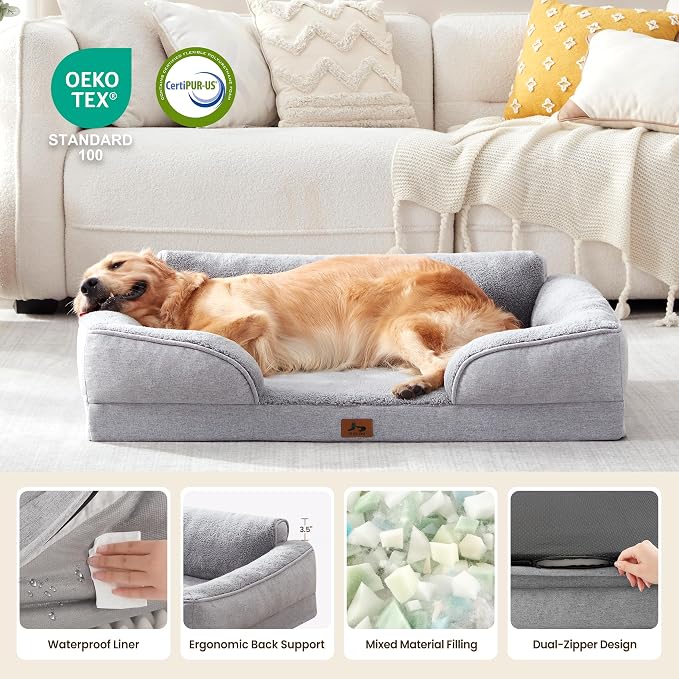 XL Orthopedic Dog Bed for Large Dogs, Waterproof Egg-Crate Foam Pet Couch Bed with Sided Soft Bolsters, 42"x32" Supportive Non-Slip Dog Sofa with Removable Washable Cover, Light Gray - Image 2