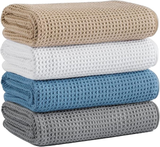 Microfiber Waffle Bath Towels, 4 Pieces, Soft, Absorbent, Fast Drying, Lint Free 430 GSM (Beige+Gray+Blue+White) by Unknown