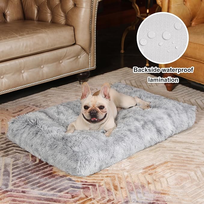 Bedfolks Waterproof Dog Crate Bed, Plush With Removable Washable Cover, Faux Fur Crate Pad for Medium Dogs, Fluffy Kennel 29"x21", Dark Grey - Image 2