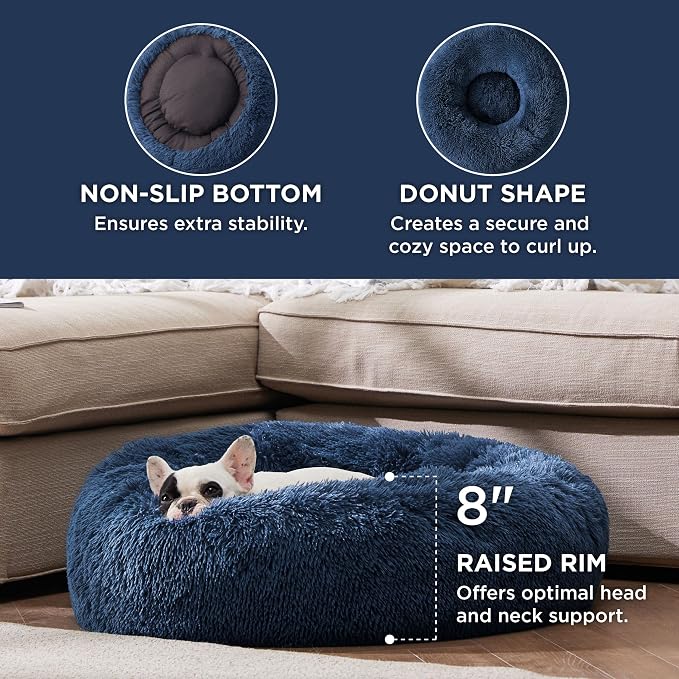 Bedsure Calming Small Dog Bed Donut Washable Cat＆Puppy Bed,23 inches Navy | Fluffy Faux Fur Round Cuddler,Machine Washable,Anti-Slip Bottom,Anti-Anxiety,Deep Sleeping for Large Cat & Pets Up to 25 Lbs - Image 3