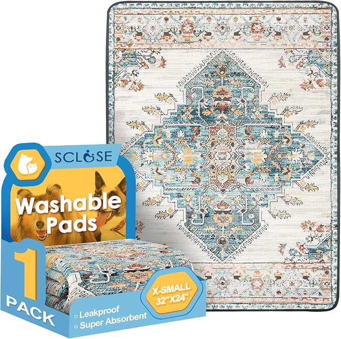 SCLOSE Washable Pee Pad for Dogs, 32" x 24" Reusable Puppy Pads Waterproof Dog Rugs, Super Absorbent, Leakproof, Dog Crate Pad, Playpen Mat, Whelping Pads, Blue Medallion by SCLOSE