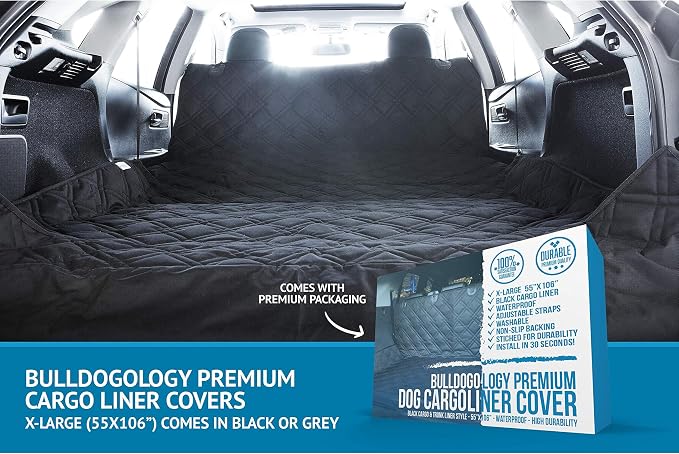 Bulldogology SUV Cargo Liner for Dogs 55"x106" Heavy Duty Pet Trunk Cargo Cover - Dog Car Seat Cover Waterproof Nonslip - Dog Hair, Muddy Paws, Scratches Cover Protector for Cars Vans (X-Large, Black) - Image 11