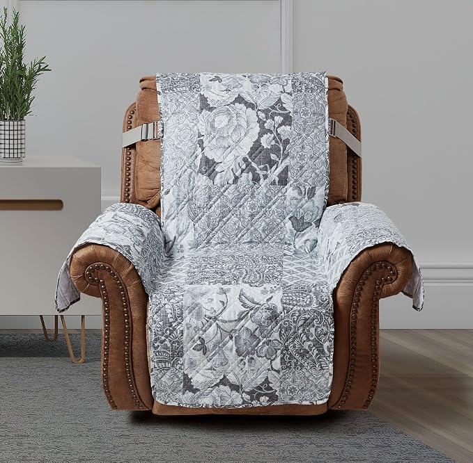 Brilliant Sunshine Multi Grey Flowers Couch Recliner Cover, 28" seat | Patchwork Design, Non Slip Sofa Cover, Furniture Protector, Large Washable Reclining Chair Slipcover for Pets, Dogs & Cats - Image 2