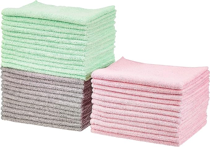 Amazon Basics Microfiber Cleaning Cloths, Ultra Absorbent, Scratch Free, Non-Abrasive, Reusable and Washable, All-Purpose, Car Detailing, 16" x 12", Green/Gray/Pink, 36-Pack by AmazonBasics