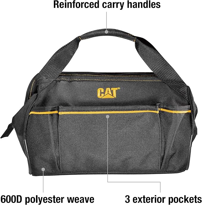 Cat 13-Inch Wide Mouth Tool Bag with 3 Exterior Pockets, Hi-Vis Interior, Reinforced Bottom, and Heavy-Duty Zipper – Durable 600D Polyester Construction - 240042 - Image 2