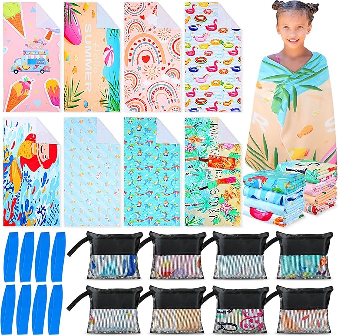 Tingjoo 24 Pcs Kids Microfiber Beach Towel Set 8 Beach Towels Bulk with 8 Storage Bags 8 Beach Ties 30" x 60" Unicorn Mermaid Dolphin Flamingo Quick Dry Towel for Pool Swim Bath Picnic Camping (Girls) by Tingjoo