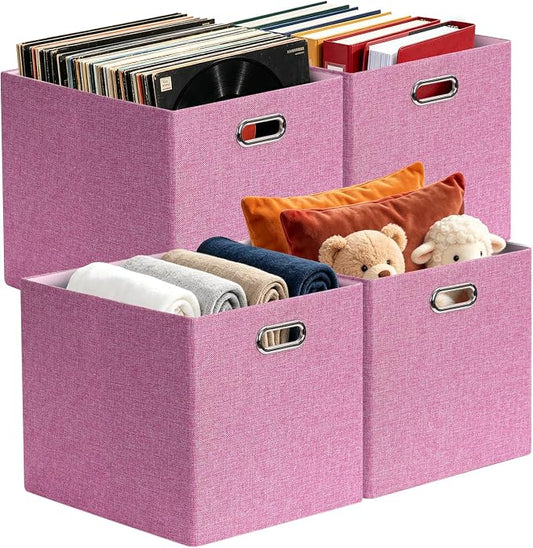 Posprica 3X Thicker Collapsible Storage Bins,13×15x13 Foldable Storage Cube Boxes Fabric Drawer for Closet Shelf Cabinet Bookcase, set of 4 (Pink) by Posprica