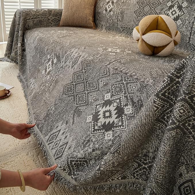 DREAMINGO Couch Cover - Geometric Jacquard, Dark Grey, Boho Vintage 3 Cushion Couch Covers for Dogs Washable, Chenille Furniture Protector Sectional Sofa Slipcovers 3 Seater, X-Large 71"x134" - Image 4