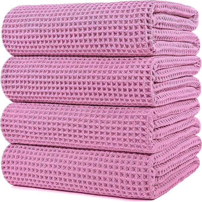 POLYTE 430 GSM Microfiber Oversize Quick Dry Lint Free Bath Towel, 60 x 30 in, 4 Pack (Waffle Weave) by Polyte