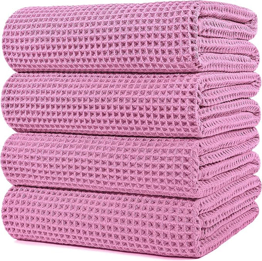 POLYTE 430 GSM Microfiber Oversize Quick Dry Lint Free Bath Towel, 60 x 30 in, 4 Pack (Waffle Weave) by Polyte