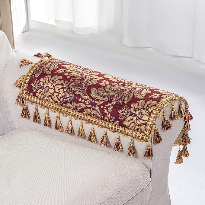 Loom and Mill Luxury Jacquard Sofa Arm Covers 2 PCS, Burgundy Red, 14x14in | Elegant Damask Couch Armrest Cover with Tassels, Non-Slip Furniture Protector for Chair Sofa Recliners Couch Dogs Pets - Image 7