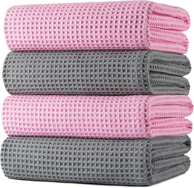 POLYTE 430 GSM Microfiber Oversize Quick Dry Lint Free Bath Towel, 60 x 30 in, 4 Pack (Waffle Weave) by Polyte