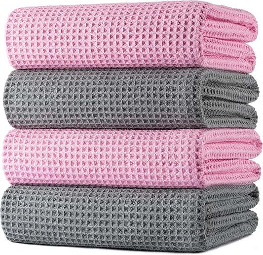POLYTE 430 GSM Microfiber Oversize Quick Dry Lint Free Bath Towel, 60 x 30 in, 4 Pack (Waffle Weave) by Polyte