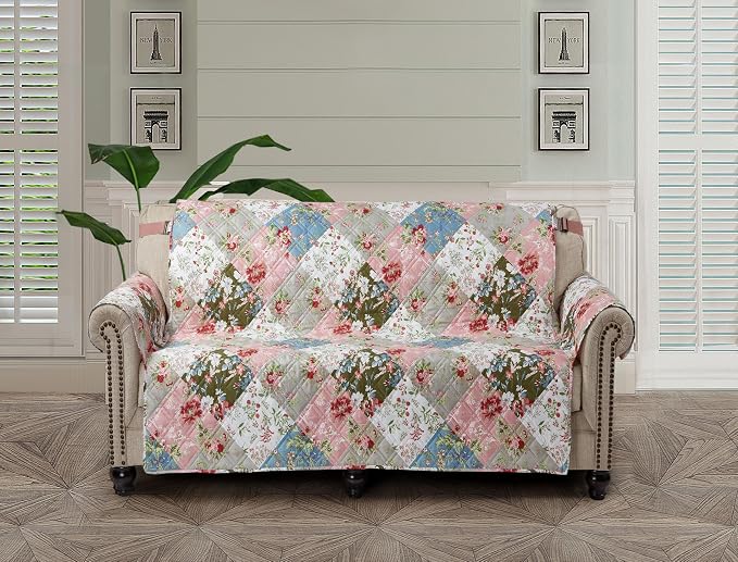 Brilliant Sunshine Peach and Olive Flowers Loveseat Cover, 54" seat | Patchwork Design, Non Slip Sofa Cover, Quilted Furniture Protector, Large Washable Love Seat Slipcover for Pets, Dogs & Cats by BrilliantSunshine