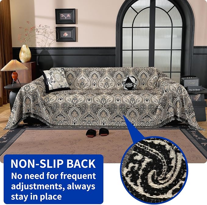 Vintage Couch Covers for Sofa Washable Sofa Covers for 3 Cushion Couch Non Slip Couch Covers for sectional Sofa Chenille Jacquard Furniture Protector for Dogs Pet Friendly Black, 91"x134" - Image 2