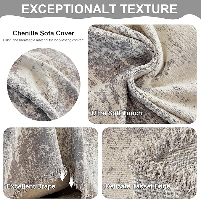 VClife Boho Couch Cover, Non Slip Soft Couch Covers for 3 Cushion Couch Sofa Pet Friendly, Irregular Vintage Light Grey Off-White Scraped Texture Furniture Protector Slipcover for Dog, 71" X 134" - Image 3