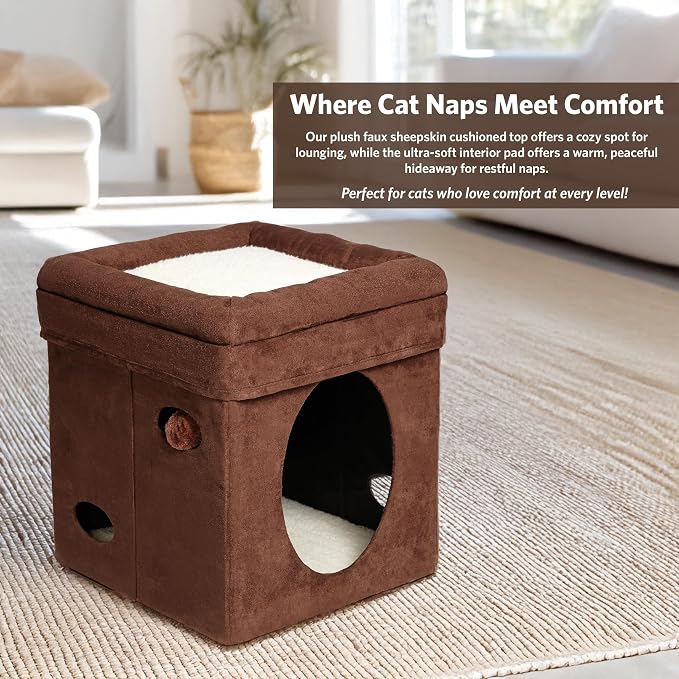 MidWest Homes for Pets Feline Nuvo Curious Cat Cube, Foldable Pet Hideout with Toy, Bolstered Bed Top, Faux Brown Suede, Synthetic Sheepskin - Image 3