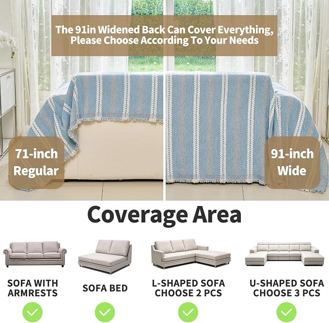 VANJOROY Couch Cover for 3 Cushion,Washable Couch Covers for Dogs Pets, Sofa Slipcovers Sectional Sofa L-Shape, Chenille Couch Cover for Sofa Cover Furniture Protector with Tassel,91"x 134" Blue - Image 2