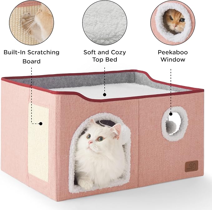 Bedsure Extra Wide Cat House Bed with Fluffy Ball and Scratch Pad,Pink | 23.6x16.9x13 in,Indoor Cat Cave for Multiple Pets, Foldable Cat Hideway Cube for Sleeping Large Cat and Kitten - Image 5