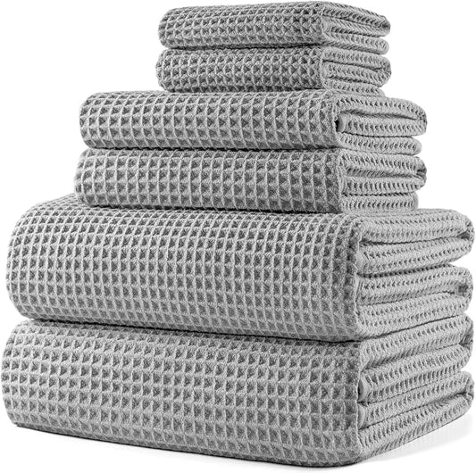 POLYTE 430 GSM Microfiber Quick Dry Lint Free Oversize Bath Towel Set, 6 Piece (Waffle Weave) by Polyte