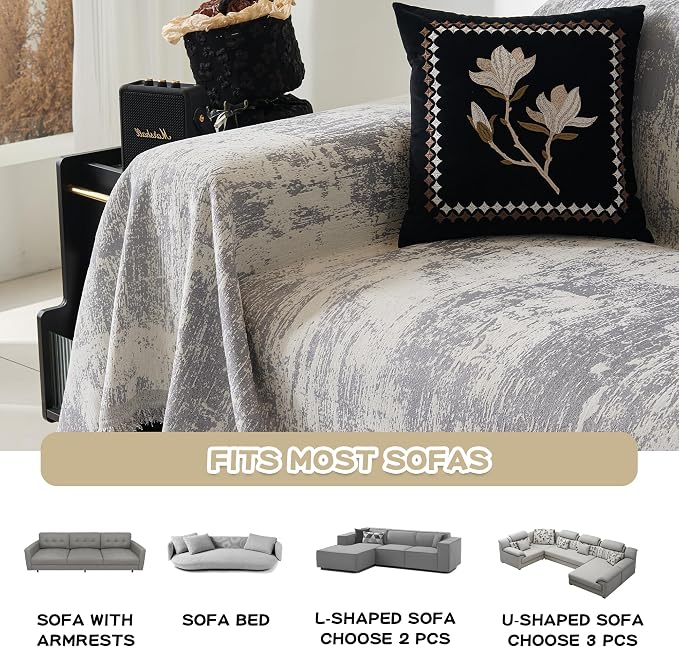 MEETSKY Couch Cover for Sectional Sofa Set Abstract Geometric Chenille Sofa Cover Washable for Dog Friendly, Couch Cover 3 Seat Couch Protector Multi-Use Blanket for Living Room, 91"x150", Light Grey - Image 5