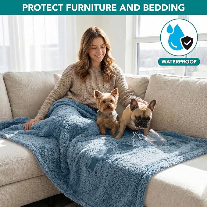 PetAmi Fluffy Waterproof Dog Blanket for Couch and Bed, Reversible Sherpa Pet Throw, Pee Proof Furniture Protector Sofa Cover, Washable Cat Blanket for Small Medium Dogs and Cats (Dusty Blue, 29x40) - Image 2