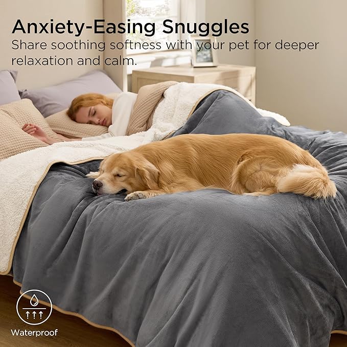 Bedsure Waterproof Blanket for Bed Soft Sherpa Fleece Throw, Twin-XL 90x66 | Plush Cozy Calming Reversible Dog Blankets for Large Senior Dogs,Warm Bed Couch Cover,Pet Furniture Protector,Grey - Image 7