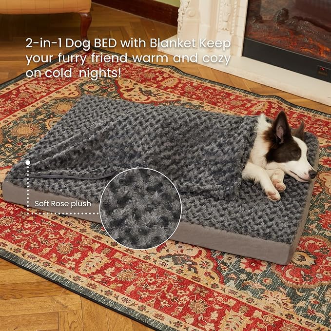 Orthopedic Memory Foam Bed for Large Dogs, Waterproof Cooling Pet Mats for Crate with Removable Washable Cover,Ideal for Arthritic Dogs (X-Large-41"x 29" x 4", Rose Plush+Blanket) - Image 3