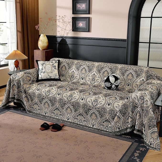 Vintage Couch Covers for Sofa Washable Sofa Covers for 3 Cushion Couch Non Slip Couch Covers for sectional Sofa Chenille Jacquard Furniture Protector for Dogs Pet Friendly Black, 91"x134" by LUFEIJIASHI