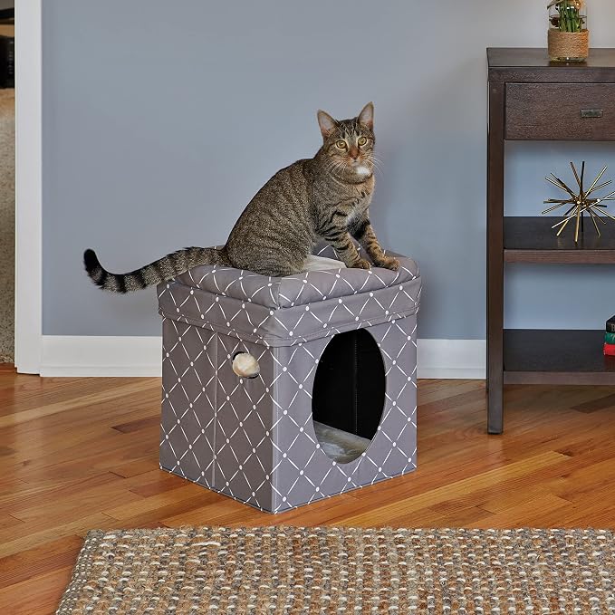 MidWest Homes for Pets Feline Nuvo Curious Cat Cube, Foldable Cat Hideout with Toy, Bolstered Bed Top, Mushroom Diamond, Faux Fur - Image 2
