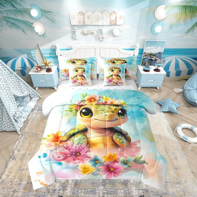 Erosebridal Kids Sea Turtle King Size 7-Piece Bedding Set, Marine Life Tortoise Bed in A Bag, Summer Blue Coastal Comforter Set with Sheets, Colourful Florals Bedding Comforter Sets by Erosebridal